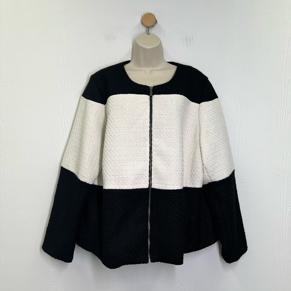 Chico's - Color Blocked Black And White Lined Zip Up Tweed Jacket Size XL - Picture 2 of 12